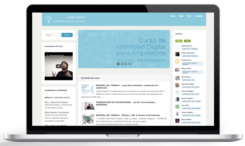Captura de pantalla del lugar de curso: plataforma digital online diseñada en exclusiva para curso de identidad digital para arquitectos